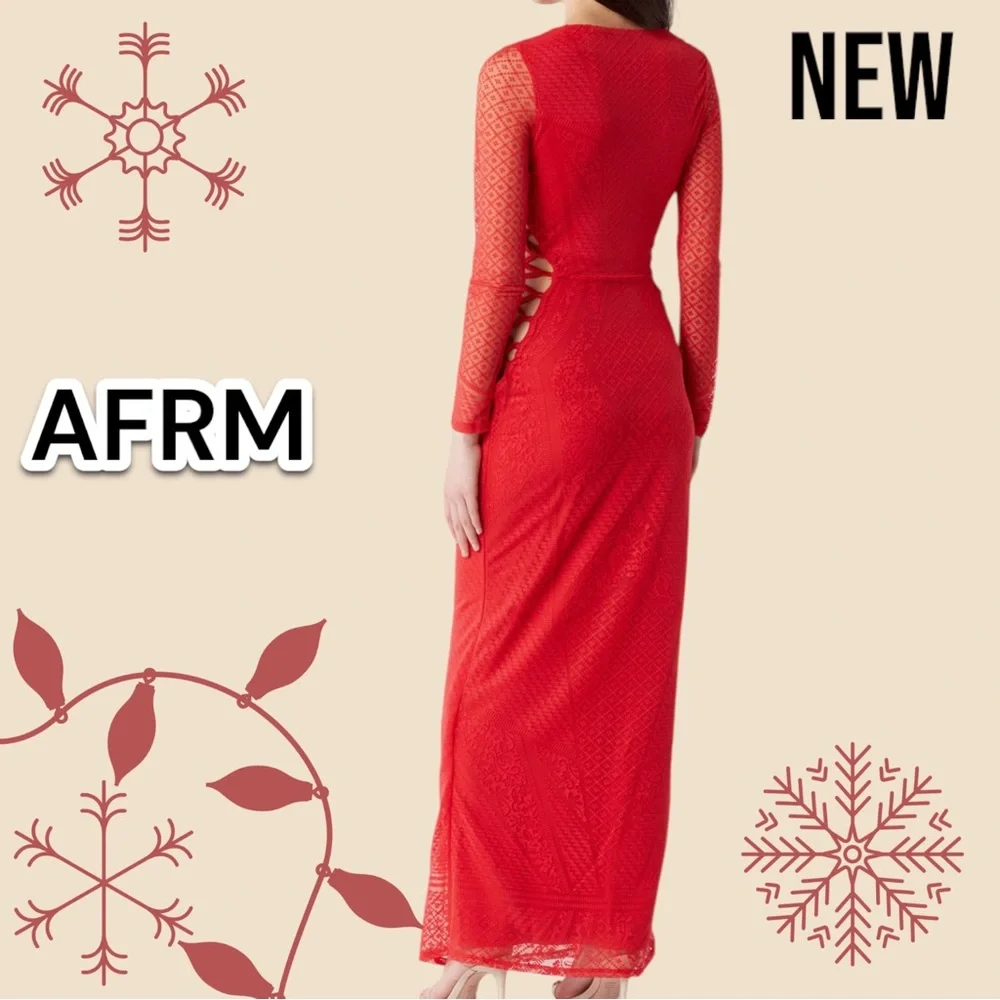 New NWT AFRM Dalia Long Sleeve Lace-Up Dress Red - Picture 2 of 4